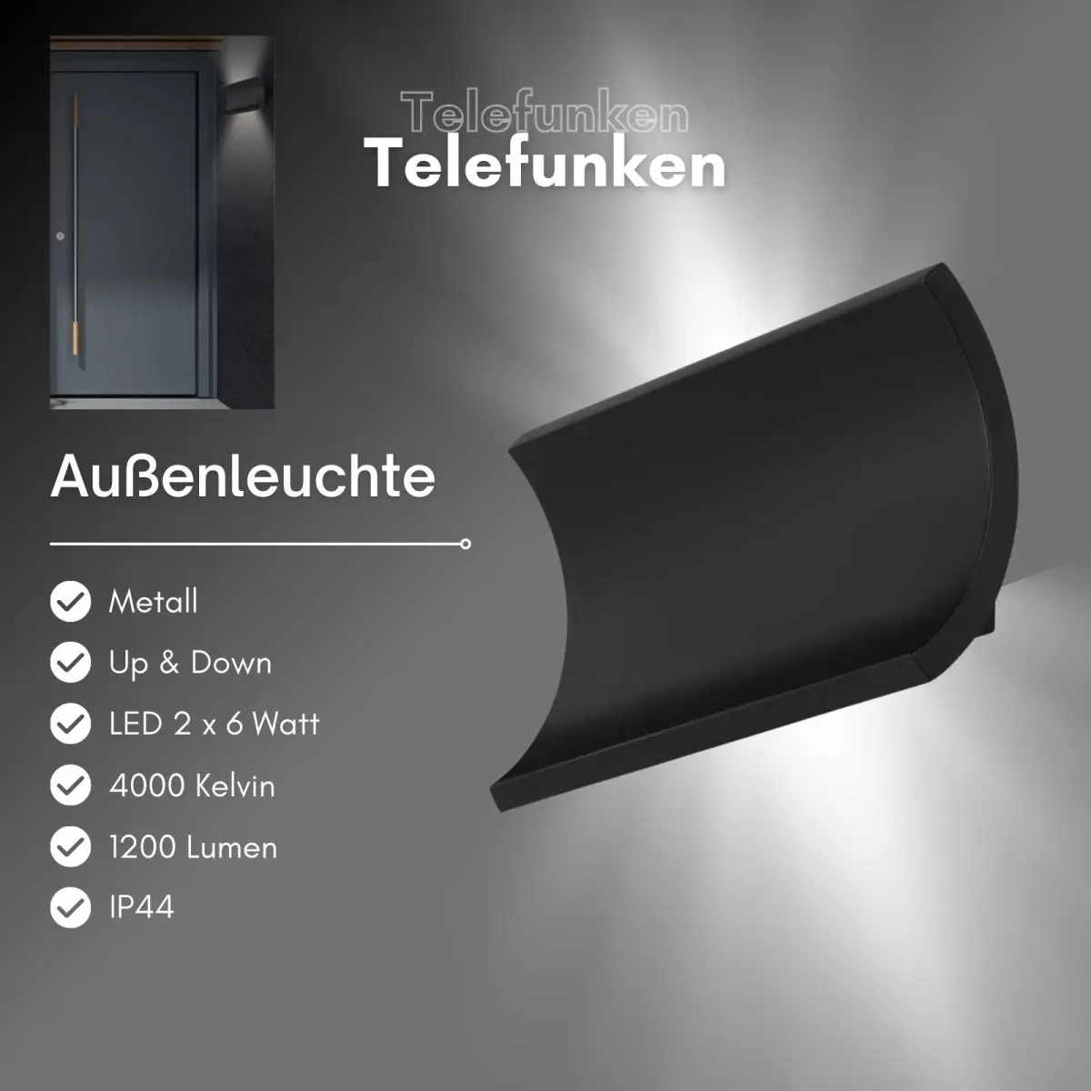 Telefunken Udendørslampe Led Up And Down Sort Massive Stock