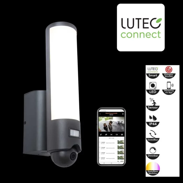 Lutec Elara udendørslampe med kamera og LED-lys i antracit