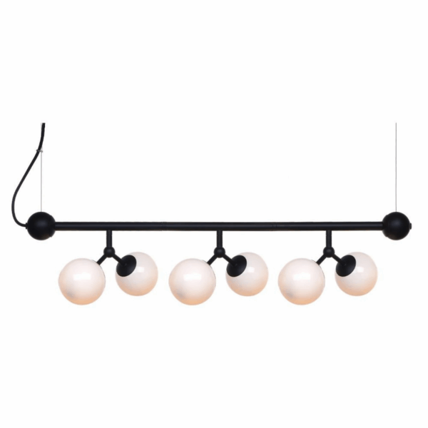 Halo Design Atom langbordspendel i sort metal med 6 opale glaskugler