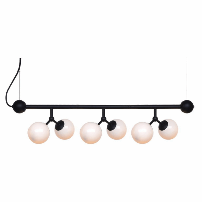 Halo Design Atom langbordspendel i sort metal med 6 opale glaskugler