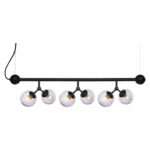 Halo Design Atom Mini langbordspendel i sort metal med røgfarvede glaskugler – dansk design spisebordslampe med 6 G9 fatninger